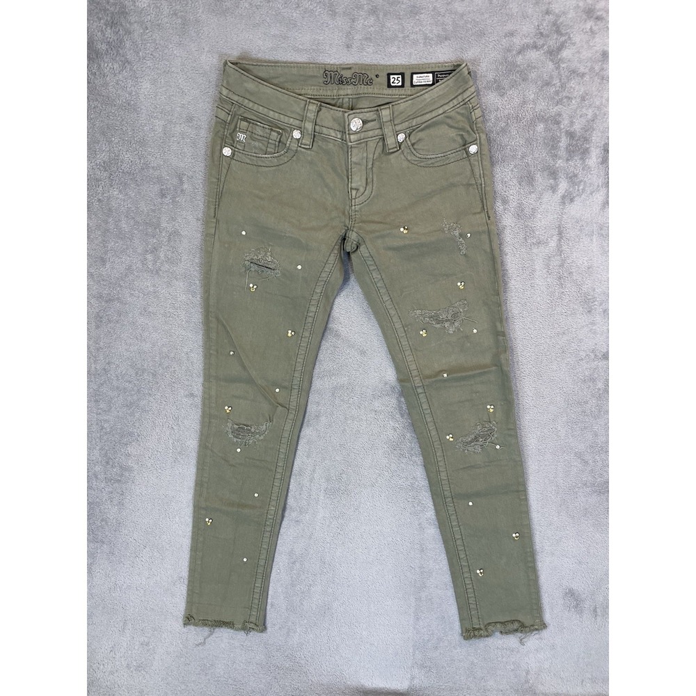 Miss Me Jeans Womens 25‎ Army Green Signature Cuffed Skinny Rhinestones Low Rise
